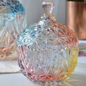Gorgeous Small Rainbow Ombre Glazed Glass Crystal Candy Dish Jar OS New